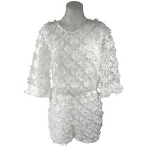 H&M White 3D Floral 3/4 Sleeve Embroidered Mesh Bridal Romper Shorts Size 2